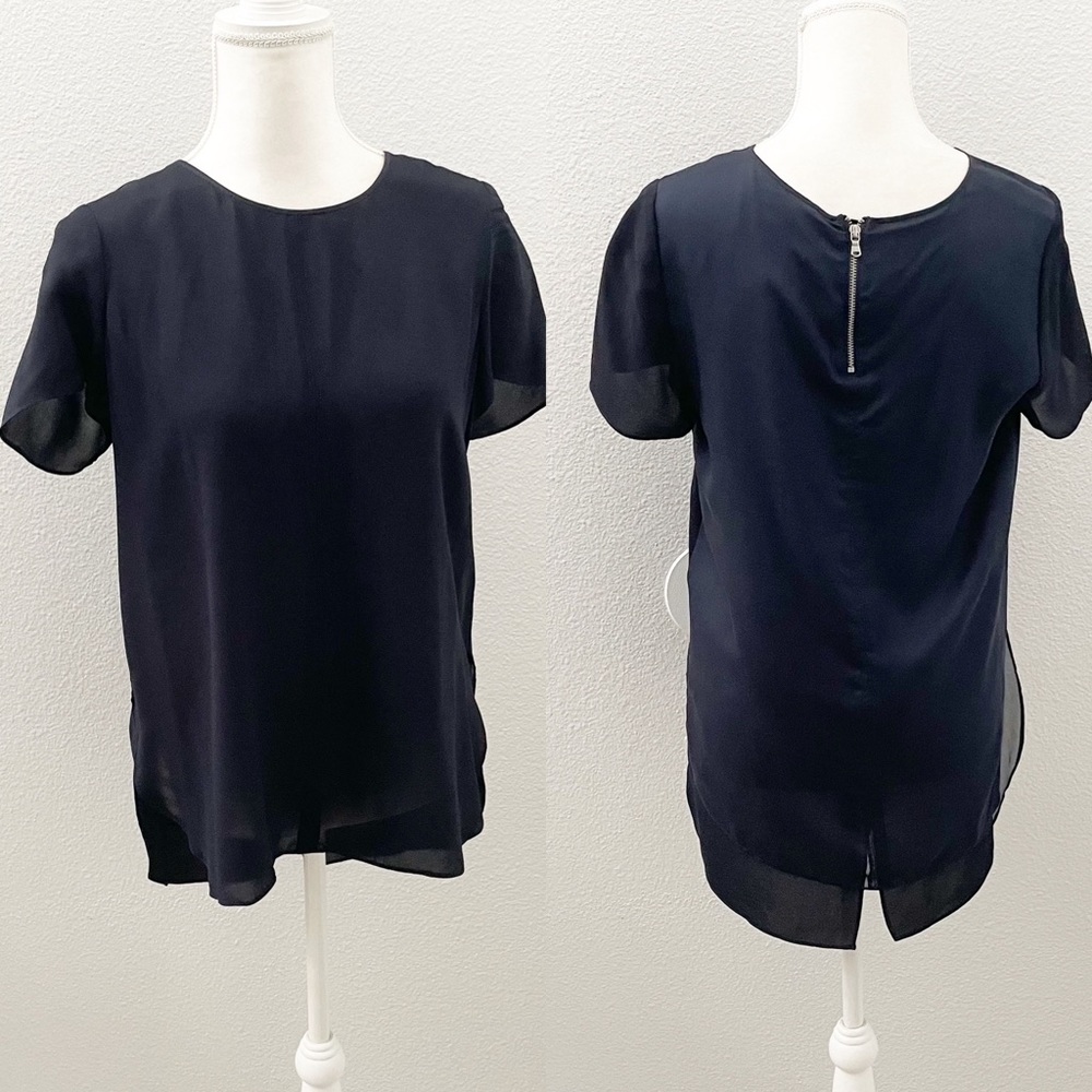Rebecca Taylor navy blue sheer overlay blouse 6
